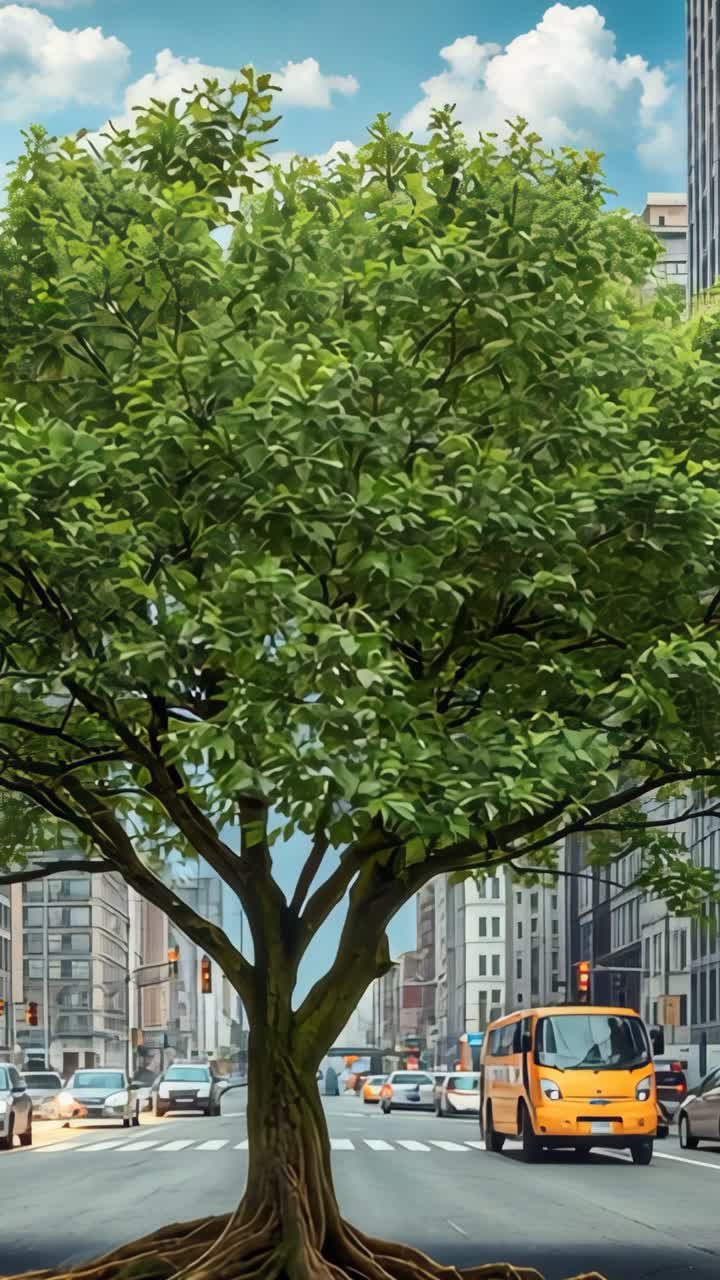 Vertical video: Turning green light causing cars driving past tree on city street with yellow van