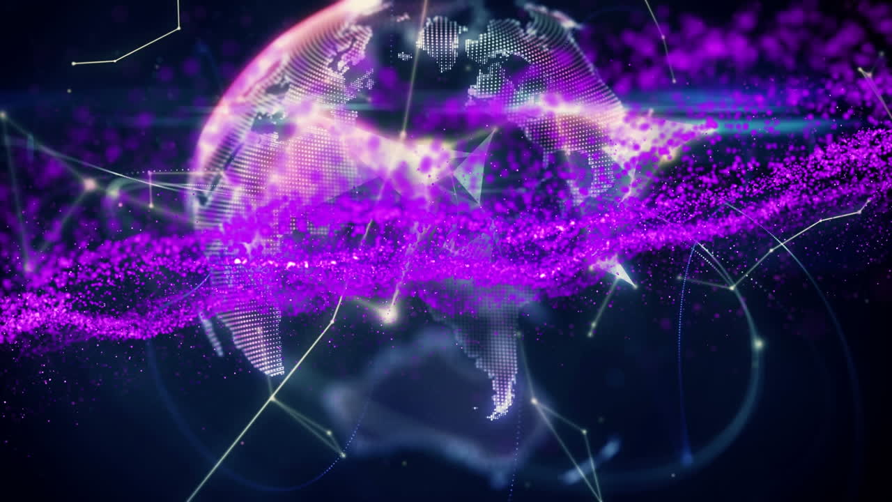 Animazione di una rete viola su globo con connessioni.