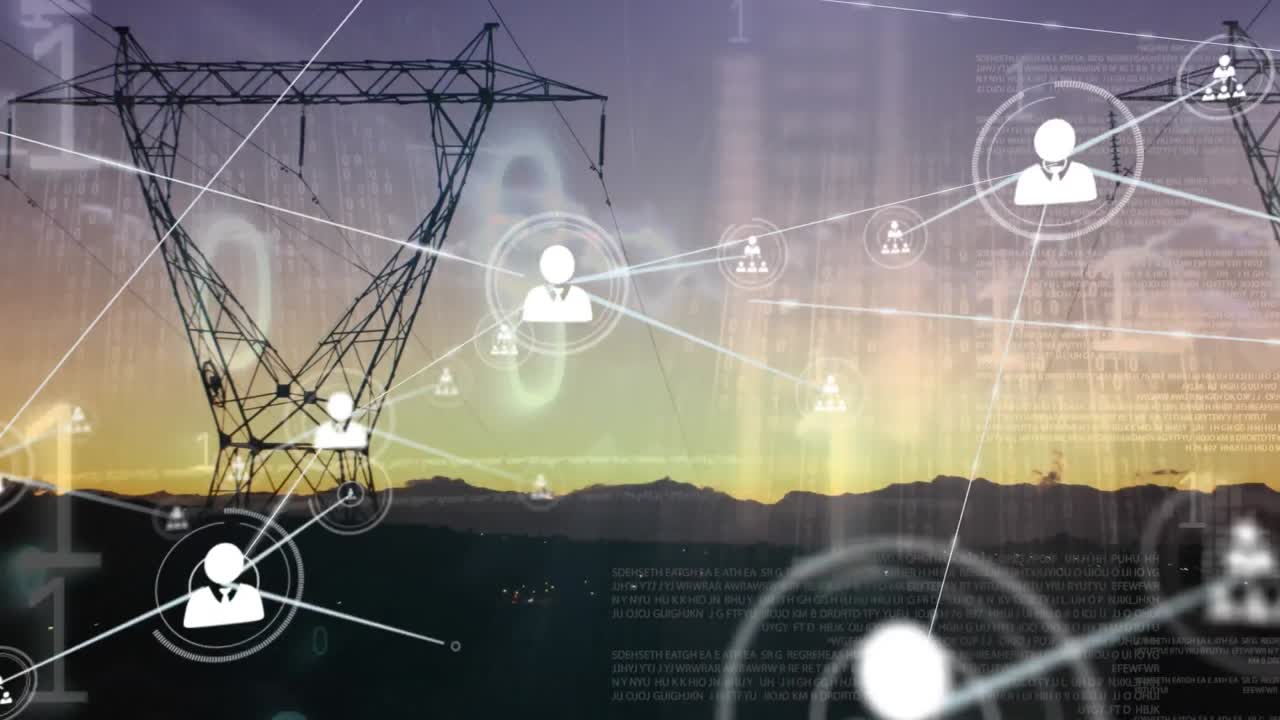 This video shows a landscape with electricity pylons and a binary code flowing over it