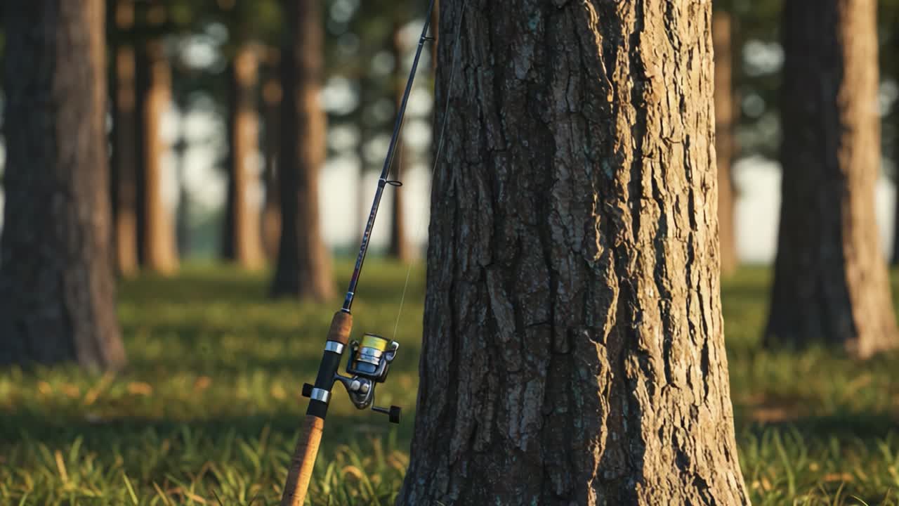 A tranquil scene depicting a fishing rod leaning against a tall tree in a serene forest, showcasing nature's beauty and the peaceful moments spent outdoors