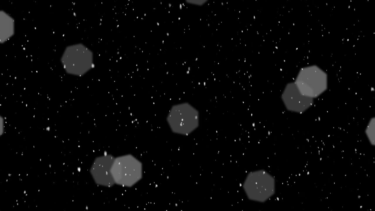 Animation of snow falling and christmas fairy lights flickering over black background