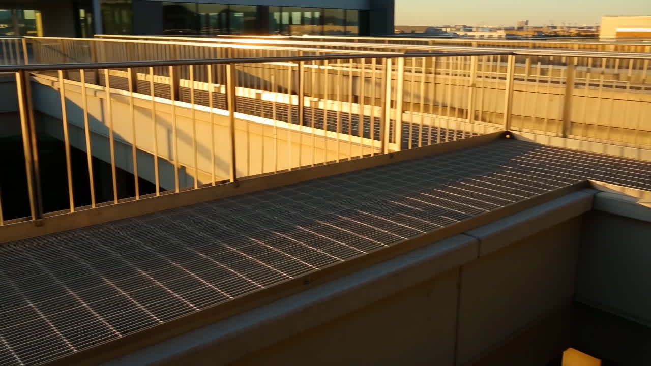 Modern elevated walkway with metal grates and railings at sunset