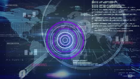 Animation-of-scope-scanning,-numbers-and-data-processing-on-blue-background