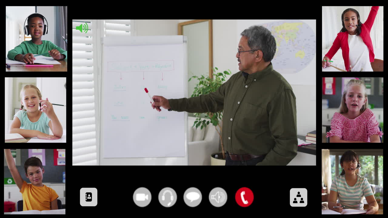 다양한 남성 교사와 6명의 아이들이 온라인 수업에 참여하는 복합 비디오 통화 인터페이스