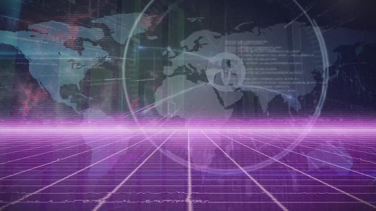 animación de redes de conexiones y procesamiento de datos en el mapa del mundo