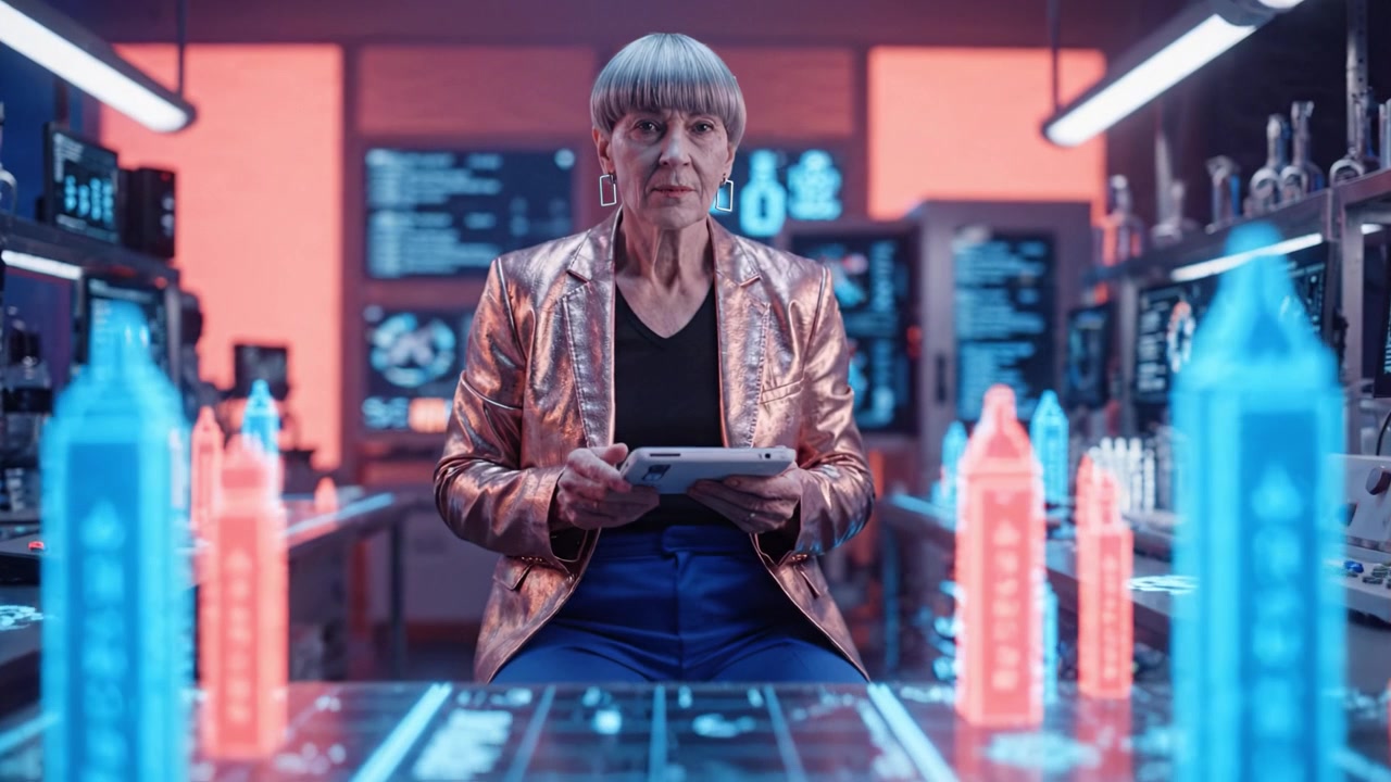 A Futuristic Scientist Analyzing Data in a High-Tech Laboratory with Interactive Displays and Holographic Projections of Buildings and Technology