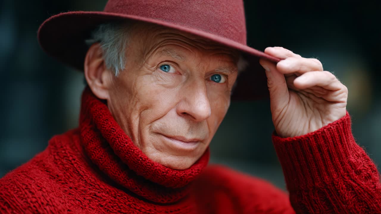Un uomo anziano ed elegante con un maglione rosso e un cappello bordeaux che posa con eleganza, catturando un fascino senza tempo e una personalità affabile, mostrando saggezza e sicurezza nel suo sguardo espressivo
