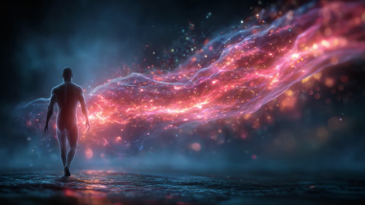 A solitary figure walks through an ethereal landscape filled with swirling cosmic energy and vibrant colors, symbolizing the journey of life and the connection to the universe