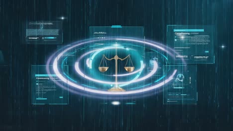 digital scales of justice in a futuristic tech interface