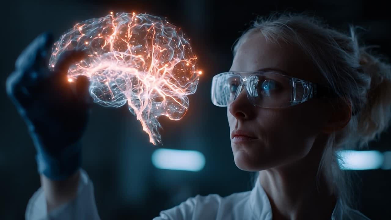 Scientist examines holographic brain model in laboratory setting