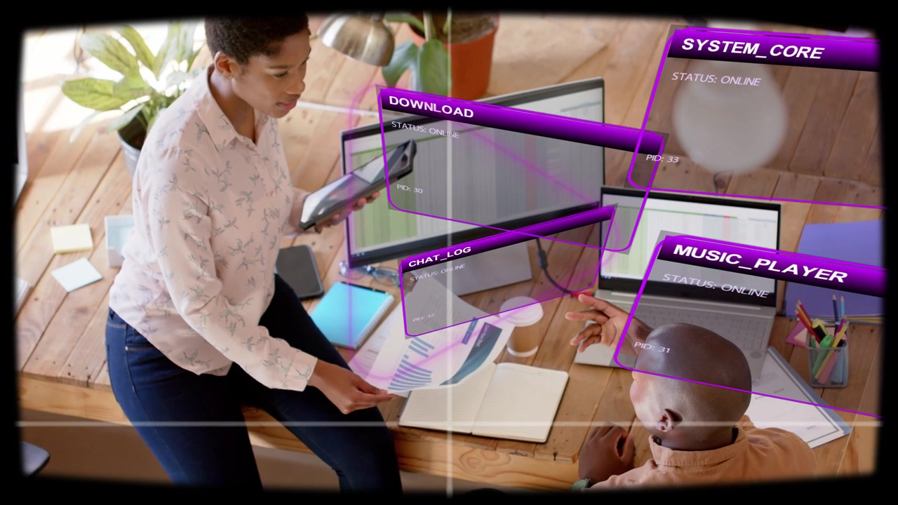 Presenting woman tilting tablet, sliding chart to man, AR overlays visualizing data for tech review