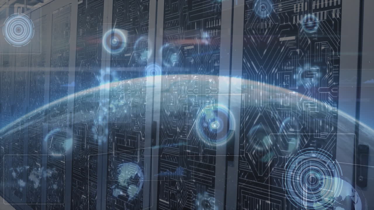 In server room, digital data processing animation over futuristic environment