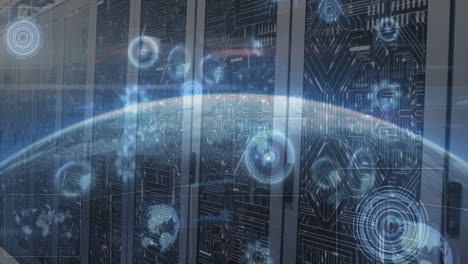 in server room, digital data processing animation over futuristic environment