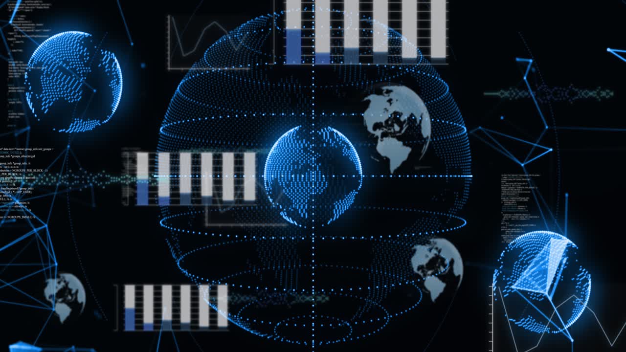 Animation of data processing and plexus networks over spinning globes against black background