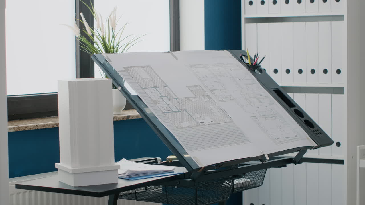 Drafting table with building plans and architecture model in office
