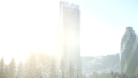 ciudad y bosque en la nieve al amanecer