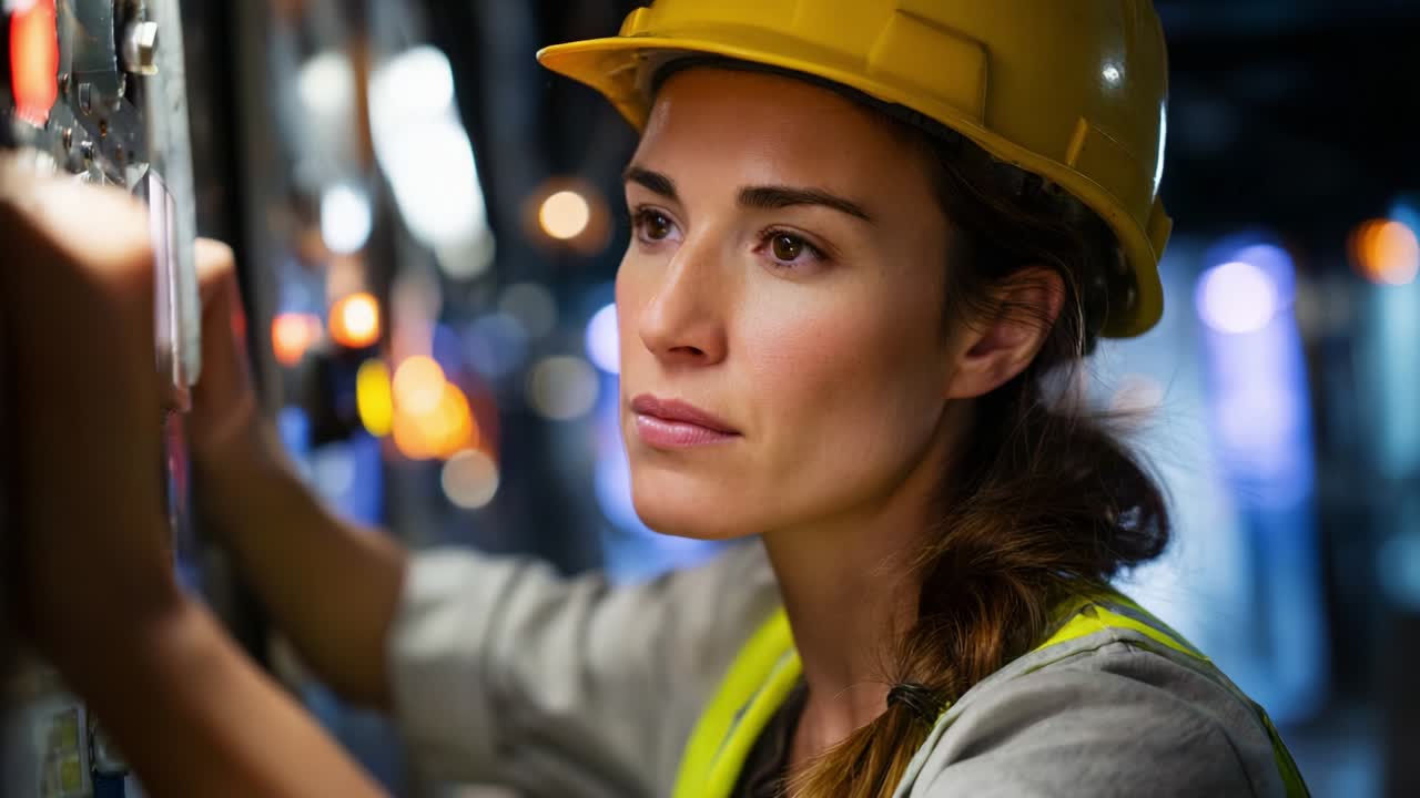 Focused Woman in Safety Gear Analyzing Control Panel, Engineered Environment with Soft Lighting and Highlights, Emphasizing Professionalism and Attention to Detail in a Technical Setting