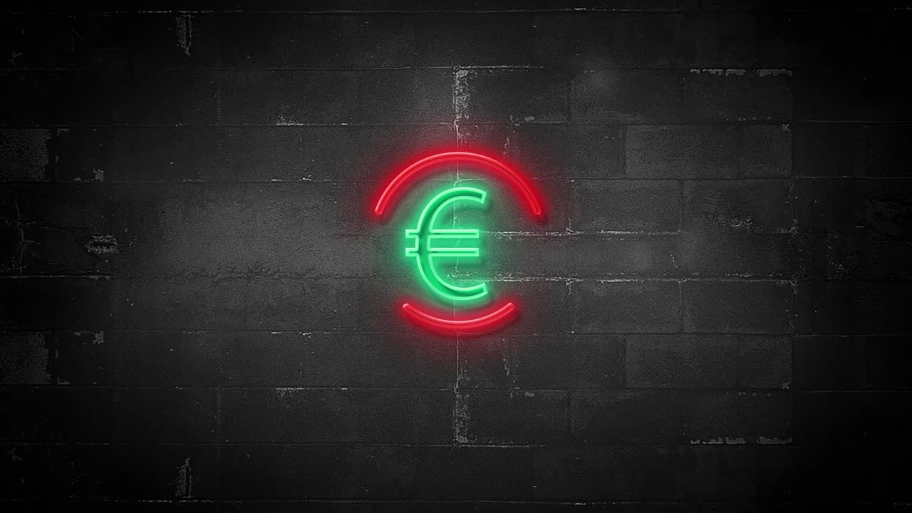 Simbolo dell'Euro su insegna al neon tremolante in risoluzione 4K