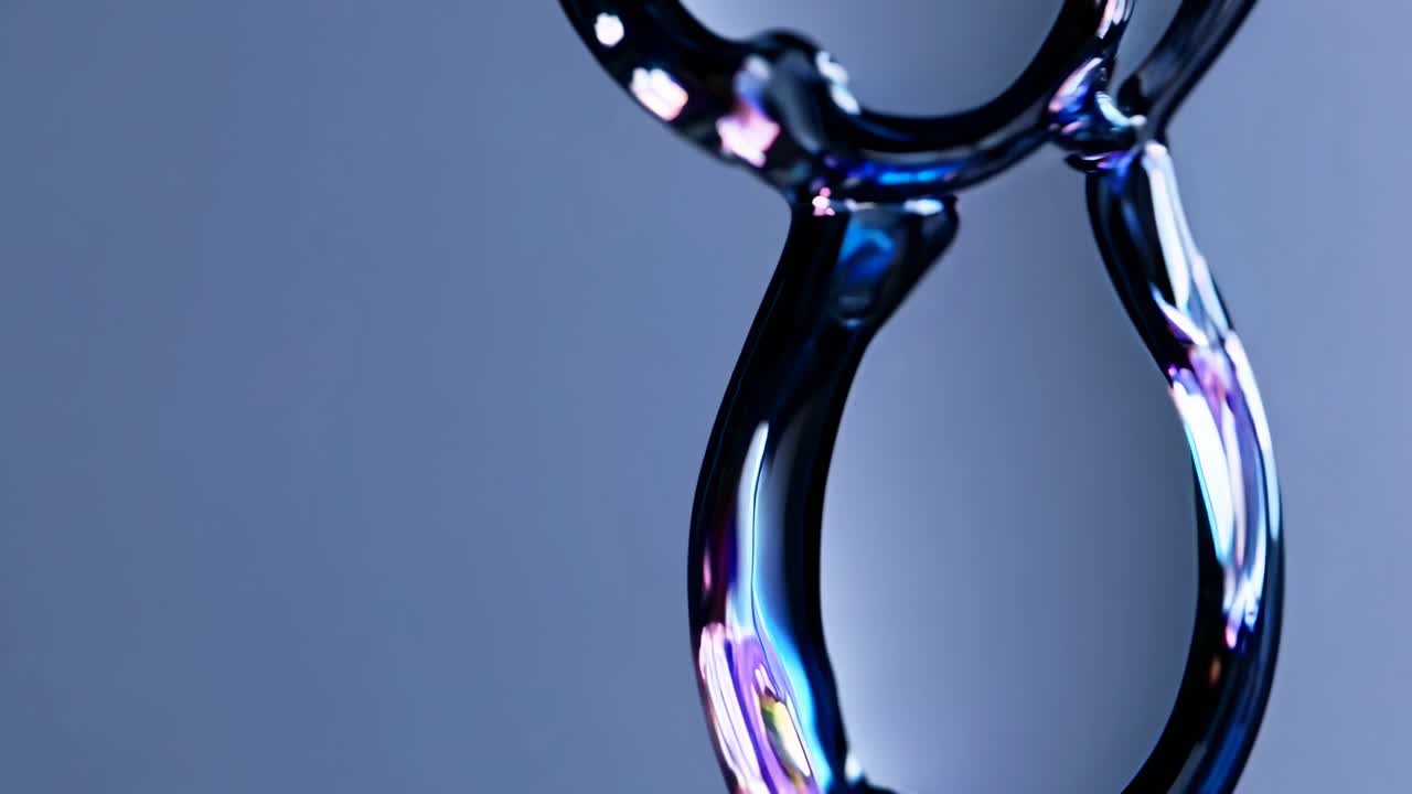 Close-up video of abstract liquid metal shapes on a blue background, captured from a side angle