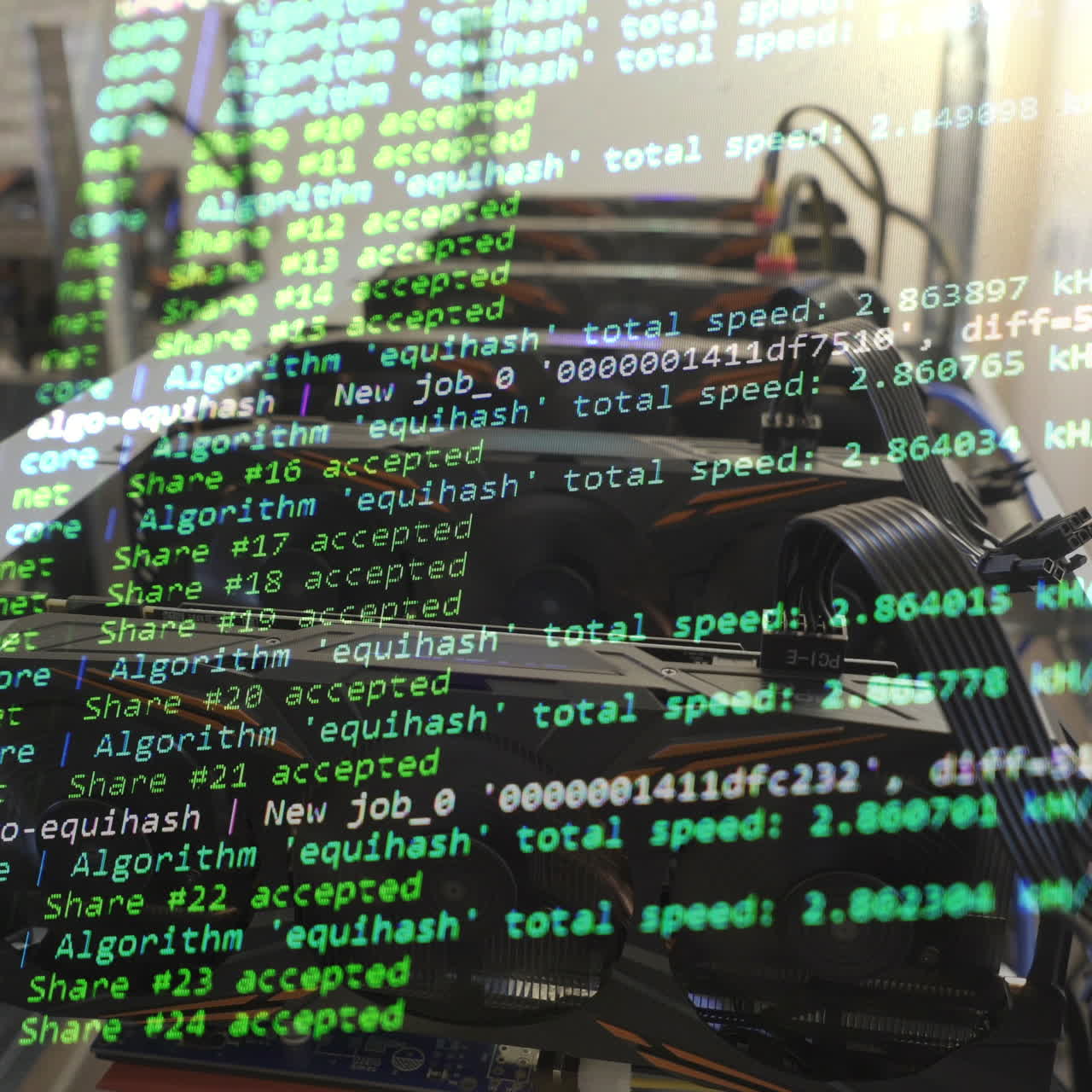 Image of the program code showing the process of mining the crypto currency in the background farm from video cards. Bitcoin.