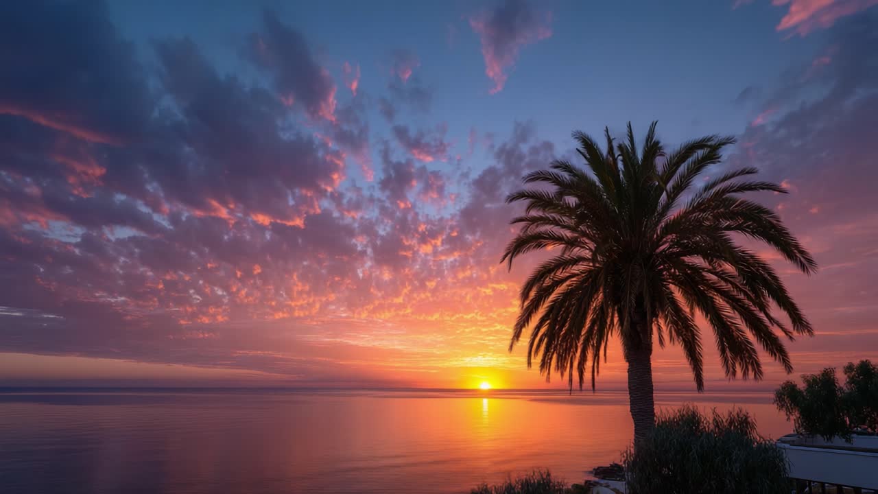 Stunning Transformation of a Coastal Sunset: A Palm Tree Silhouetted Against Vibrant Skies Over Calm Waters