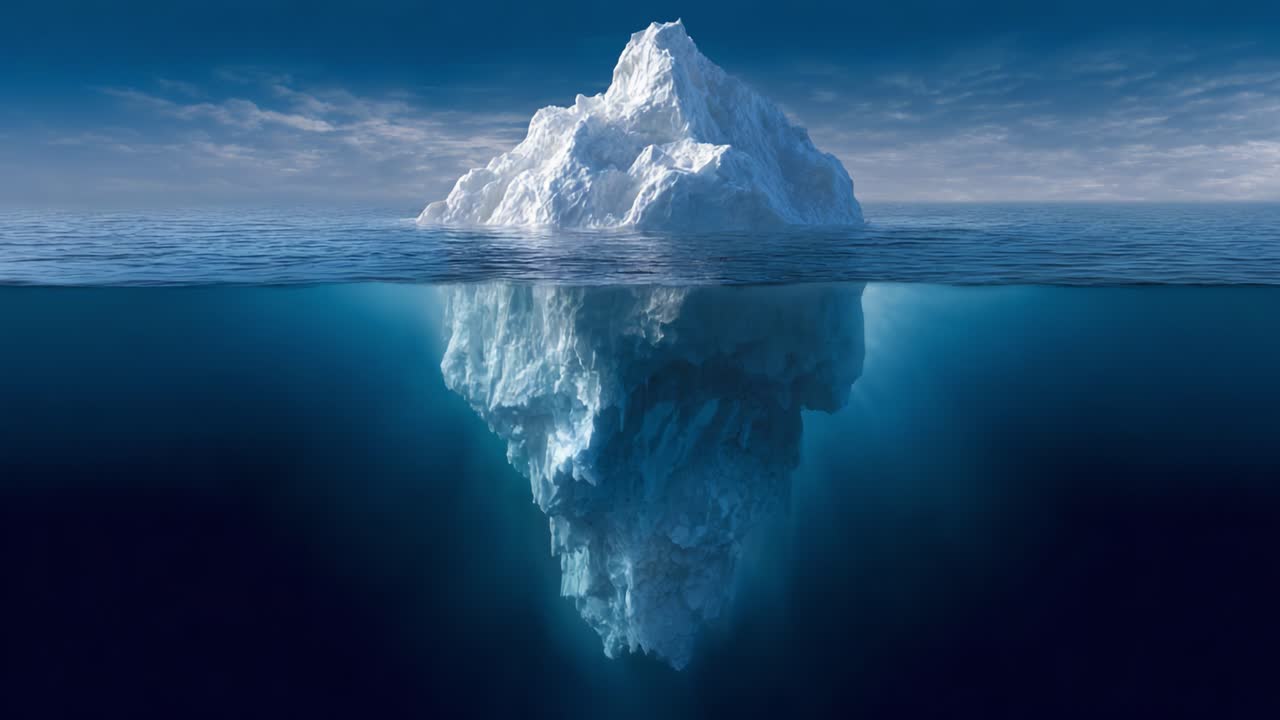 A Majestic Iceberg Rising Above the Ocean Surface, Mirrored Beneath the Water, Displaying Its Massive Proportions and Intricate Details in a Tranquil Seascape