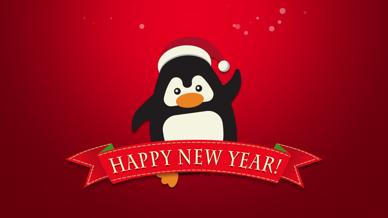 feliz año nuevo texto con gracioso pingüino ondeando sobre fondo rojo