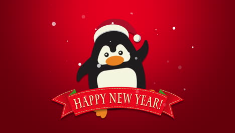 Happy-New-Year-text-with-funny-penguin-waving-on-red-background