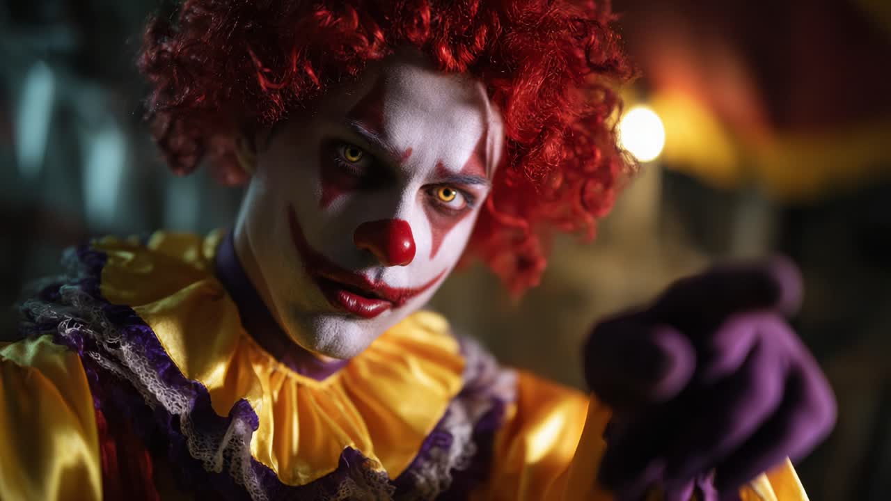 Un clown minaccioso fissa la fotocamera con un sorriso sinistro, accentuando la cupezza con colori vivaci e un'atmosfera spettrale in questa inquietante inquadratura.