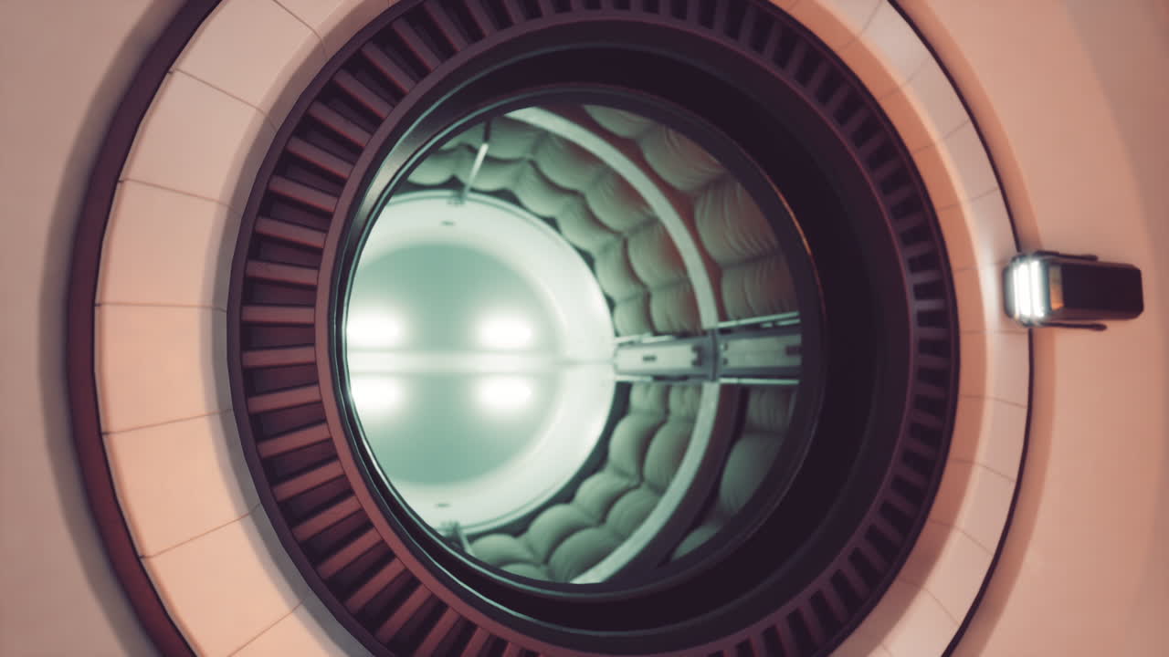 Interior view of a futuristic space station with a circular porthole design