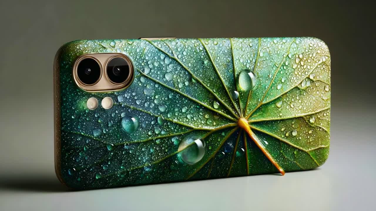 A Stunning Close-Up of a Phone Case Featuring a Leaf Design, Enhanced with Raindrops and Texture, Showcasing Nature's Beauty in a Modern Accessory