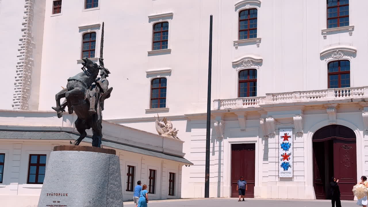 Monument of Svatopluk on the horse near the old castle. Entrance to the Bratislava Castle in Slovakia