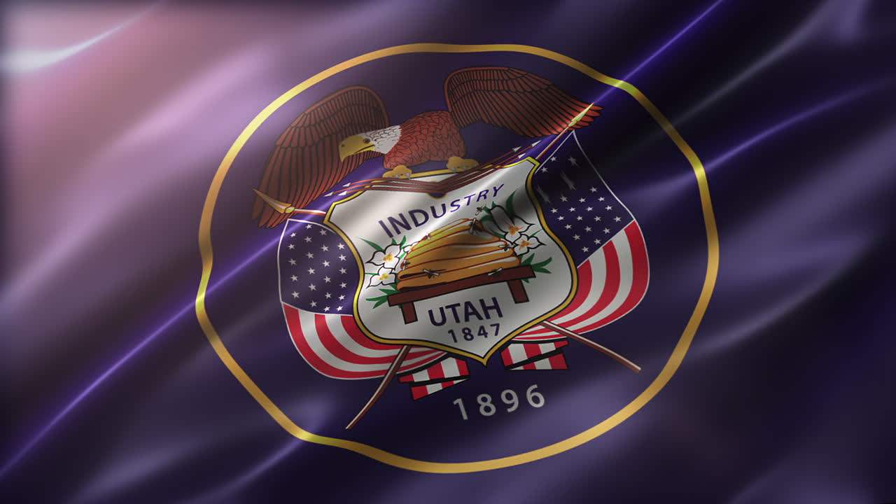 Flag of Utah, perspective view, high-angle, glossy, elegant silky texture, waving in the wind, movie-like look, realistic 4K CG animation, slow-motion fluttering, seamless loop-able