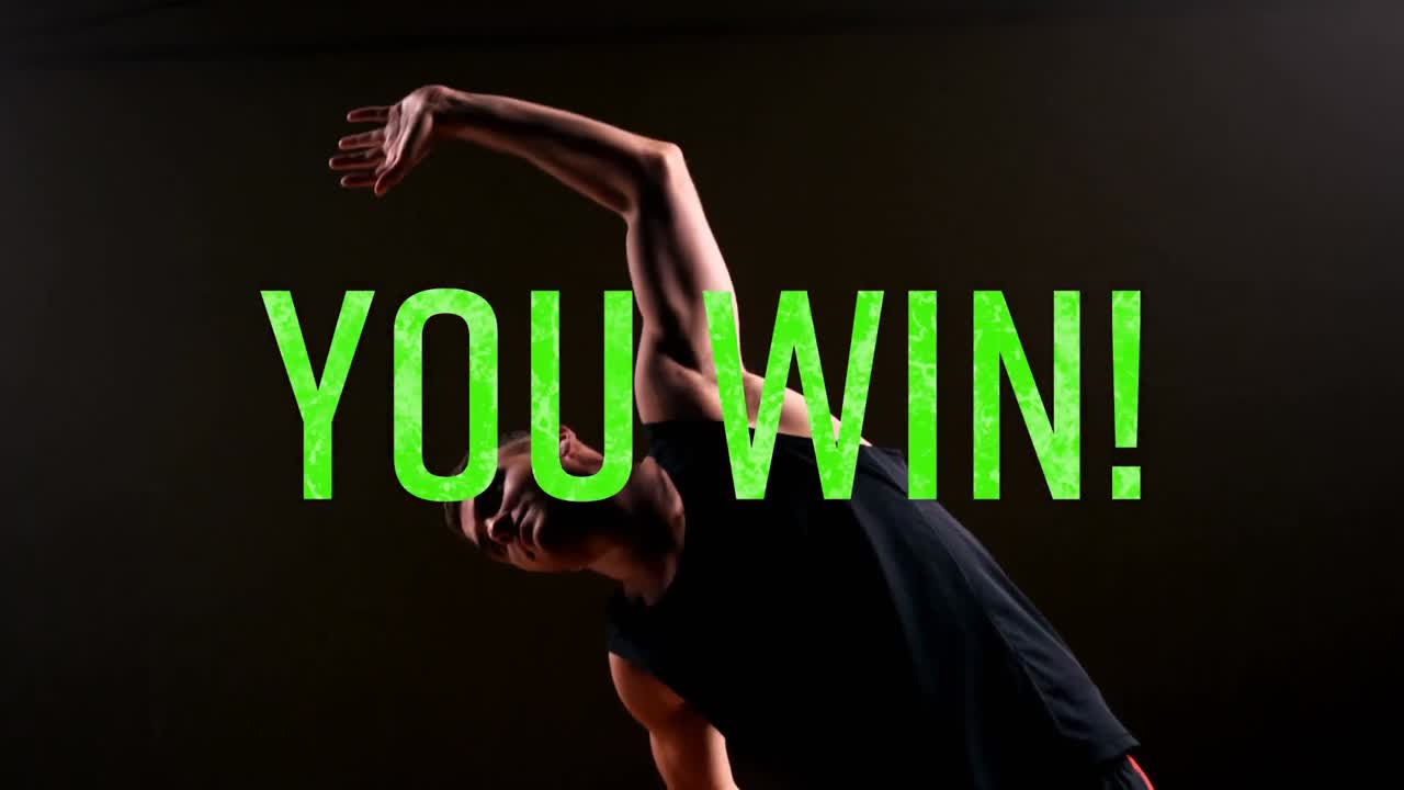 게임 전에 스트레칭하는 농구 선수에 대해 녹색 글자로 텍스트를 이기는 애니메이션