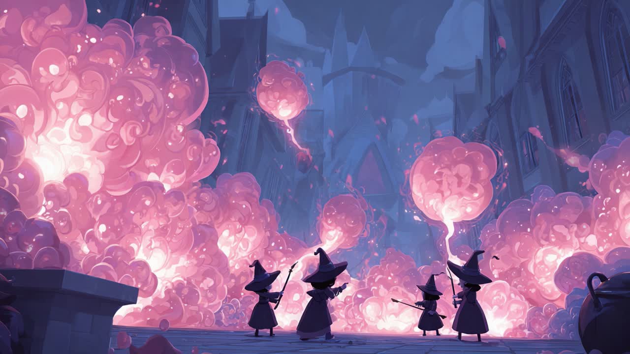A Magical Scene Unfolds as Hooded Figures Command Whirling Pink Smoke Clouds in a Fantastical Cityscape Filled with Mystery and Wonder