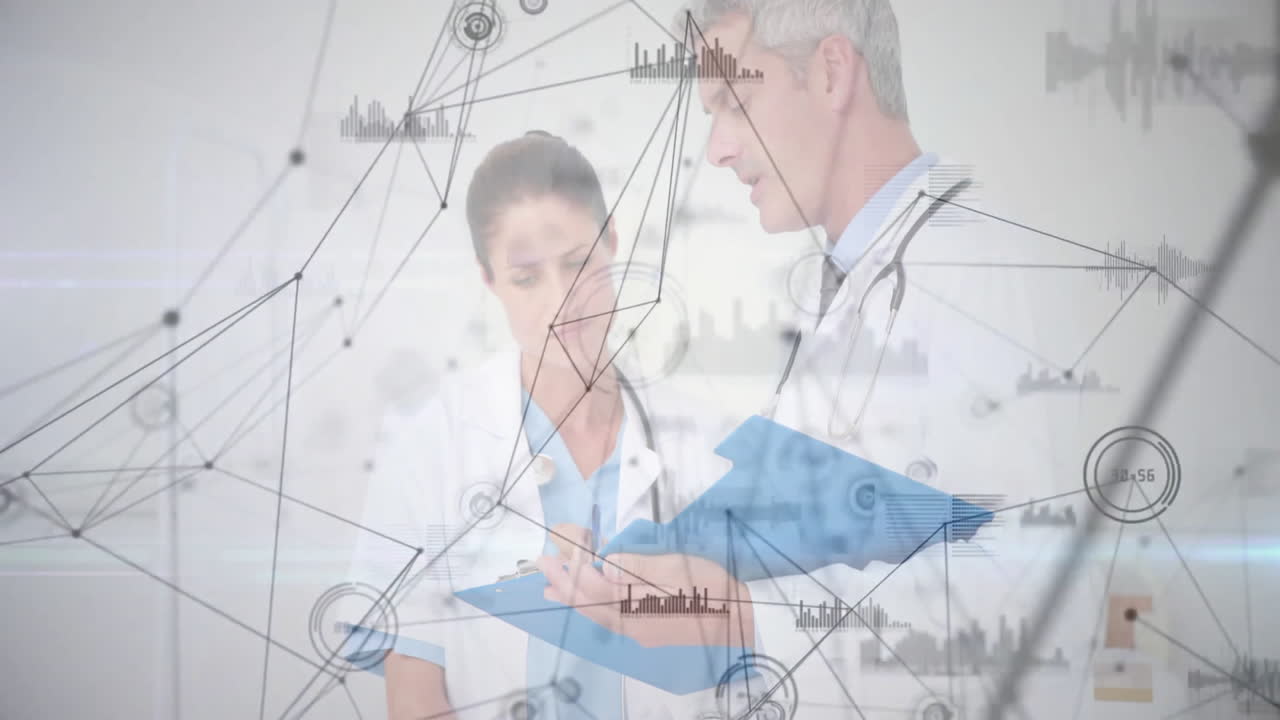 Discussing patient data, doctors analyzing network connections with animation graphs overlay