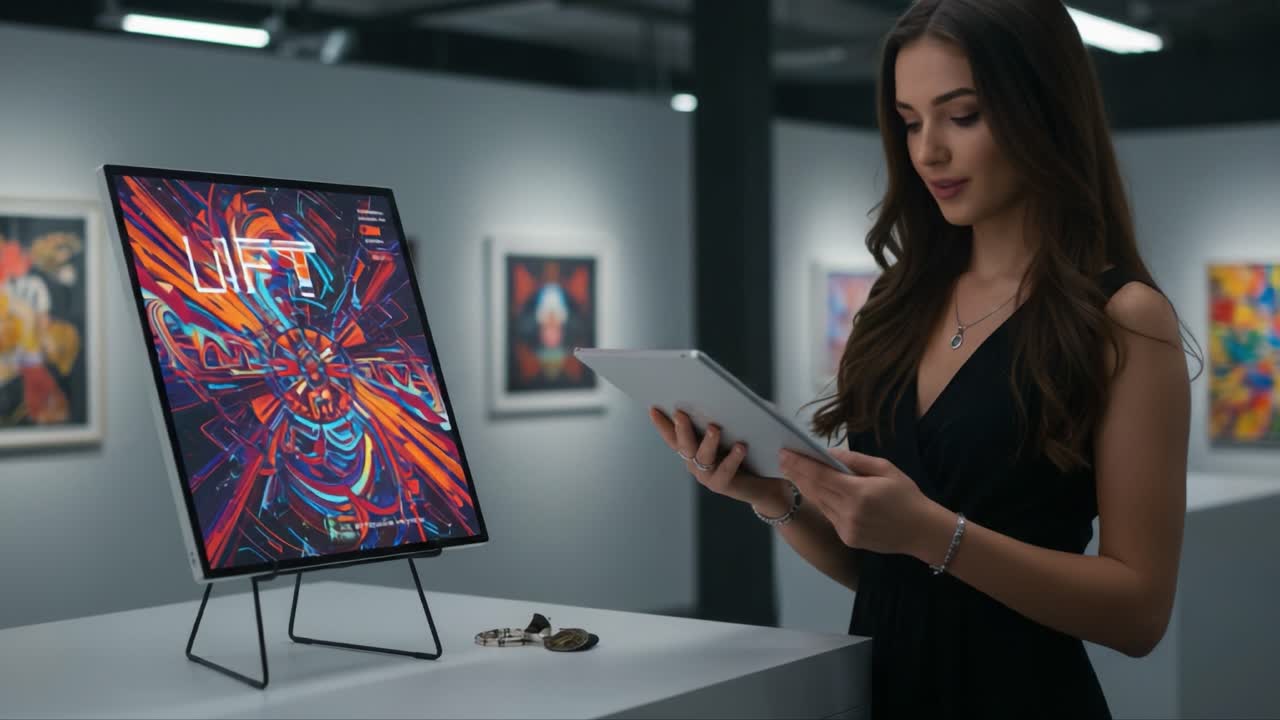 A Young Woman Engages with Digital Art in a Gallery, Holding a Tablet While Observing a Vividly Designed Artwork Displayed on an Easel