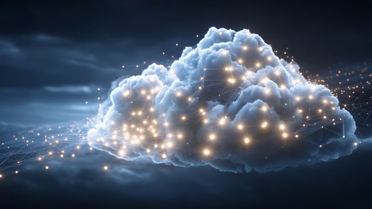 A mesmerizing transformation of a vibrant cloud filled with luminous light particles, symbolizing the merging of technology and nature in a visually stunning display