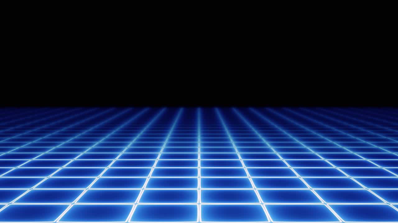 A blue 1980s vaporwave-style electric neon grid, moving towards the viewer