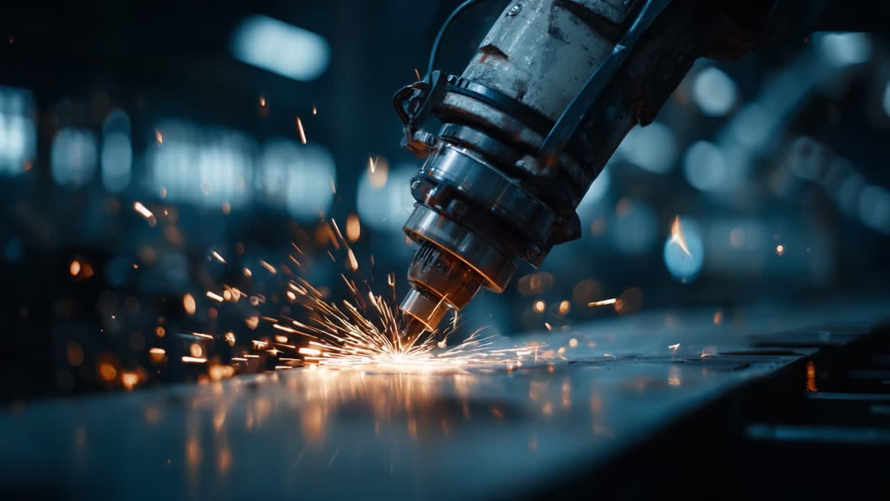 Automated Precision Cutting: A Robotic Arm Generating Sparks While Engaging in Metal Processing Amidst a Modern Manufacturing Environment