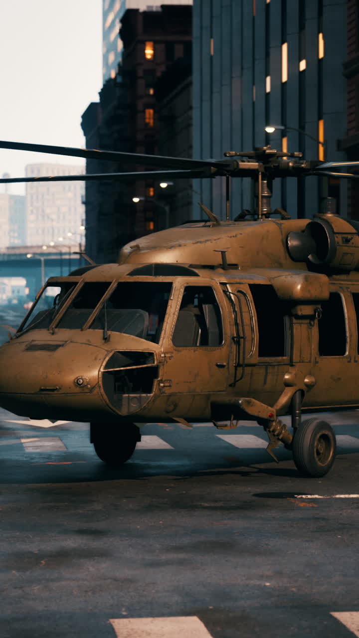 helicóptero black hawk aterrizando en una calle de la ciudad