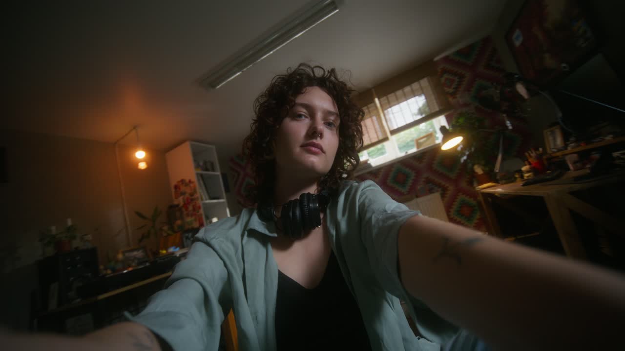 mujer tomando una selfie en un espacio creativo acogedor