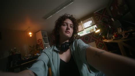 mujer tomando una selfie en un espacio creativo acogedor