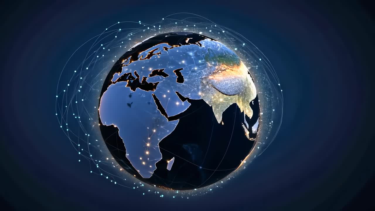 Vista aerea della Terra in stile video digitale, che mostra continenti luminosi e linee di rete.