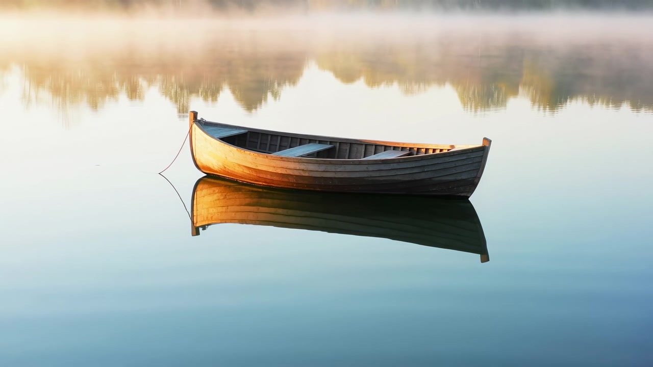 Una piccola barca a remi di legno galleggia su un lago immobile con un chiaro riflesso a specchio, circondata da una leggera nebbia mattutina e una linea di alberi sfocata nella calda luce dell'alba