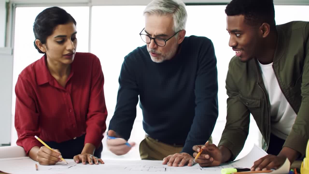 Three professionals are engaged in a design project, drawing on large paper in a contemporary workspace. They exchange ideas and focus on their architectural plans with enthusiasm.