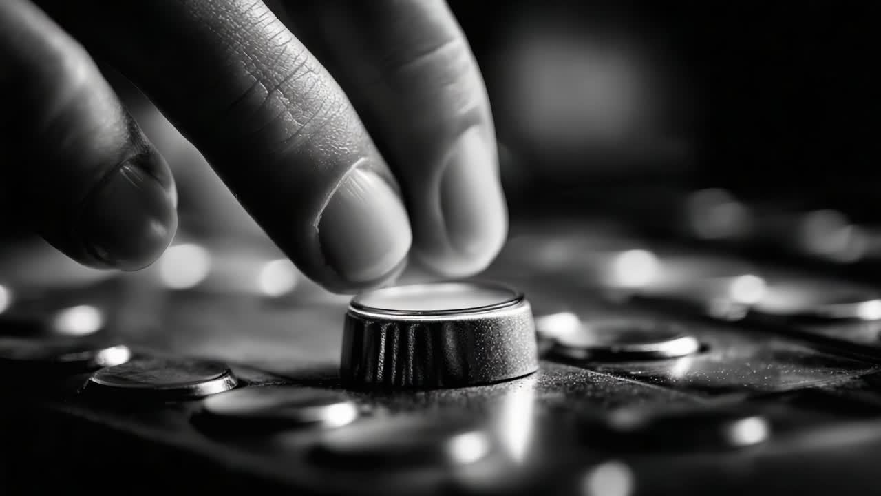 A Close-up View of a Hand Adjusting a Control Knob on an Electronic Device, Emphasizing Texture and Light in Black and White Photography