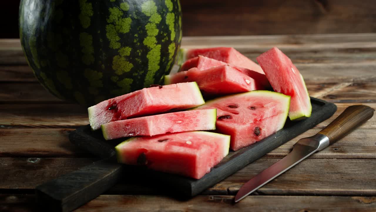 절단판에 개진 수박은 천천히 회전합니다.