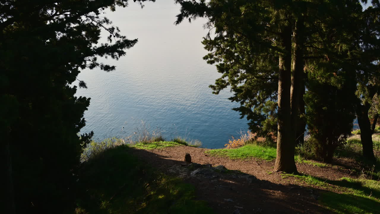 Jalur hutan yang mengarah ke pemandangan laut yang tenang dari ketinggian. Danau Ohrid, Makedonia Utara