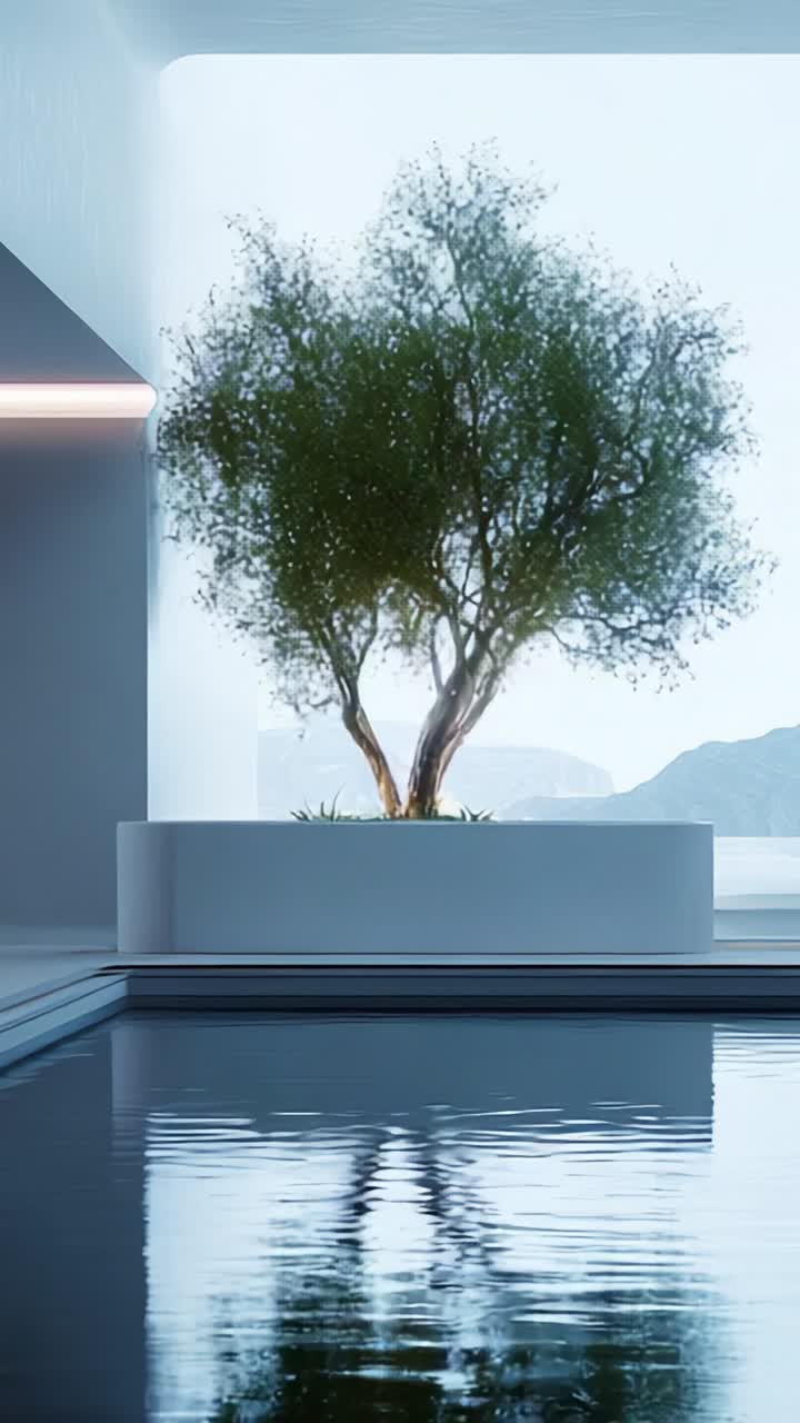 A Tranquil Scene Featuring a Lush Green Tree Reflected in Calm Waters Under Soft Lighting in a Modern Interior Setting
